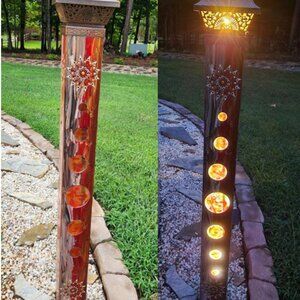 Garden Peace Pole Hand Painted w/ Solar Light Cap & Wire Stand Lighted 4 Sides